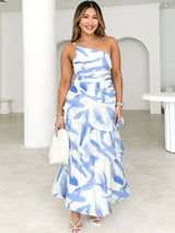 Tek Omuzlu Askılı Çiçek Desenli Elbise