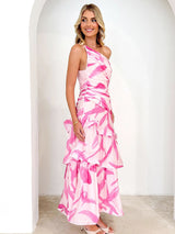 Tek Omuzlu Askılı Çiçek Desenli Elbise