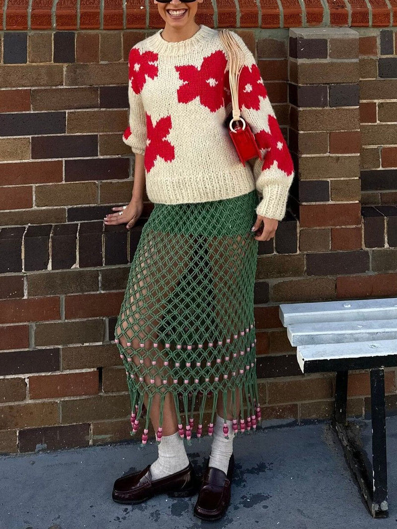 All-Match Yuvarlak Yaka Çiçekli Kazak