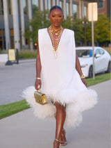 Elegant Sleeveless White Feather Patchwork Irregular Hem Midi Dress