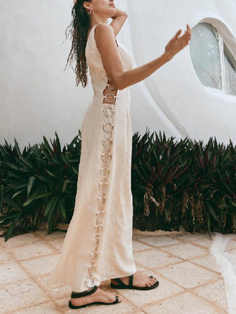 İmza Baskılı Halka Taşlı Kolsuz Midi Elbise