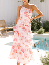 Tek Omuzlu Askılı Çiçek Desenli Elbise