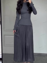 Renk Blok Ekleme Dar Kesim Bağcıklı Uzun Kollu Maxi Elbise