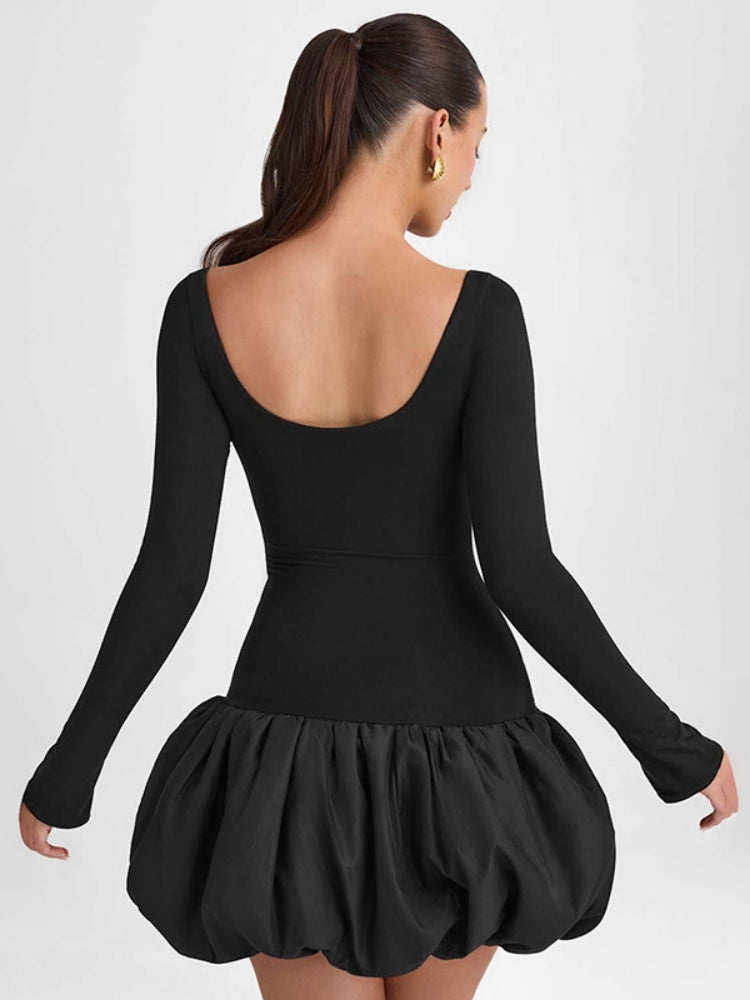 Şık U-Yaka Renk Bloklu Elbise