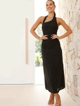 Günlük Düz Renk Kolsuz Sırtı Açık Boyundan Bağlamalı Midi Elbise