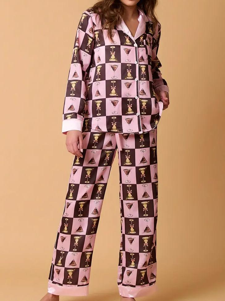 Ekose Şarap Kadehi Desenli Pijama Takımı Uzun Kollu Gömlek