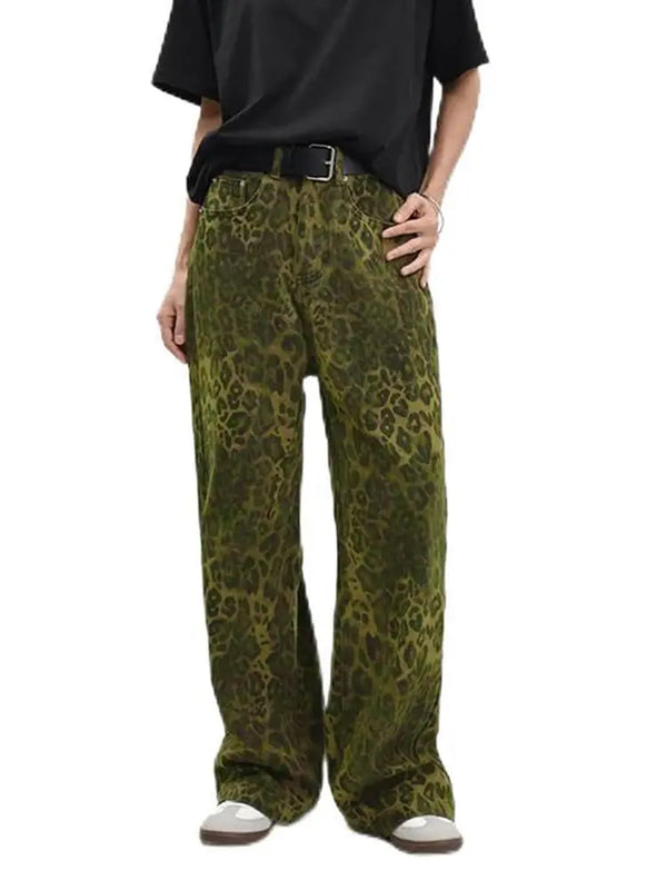 Vintage Leopar Desenli Kot Pantolon