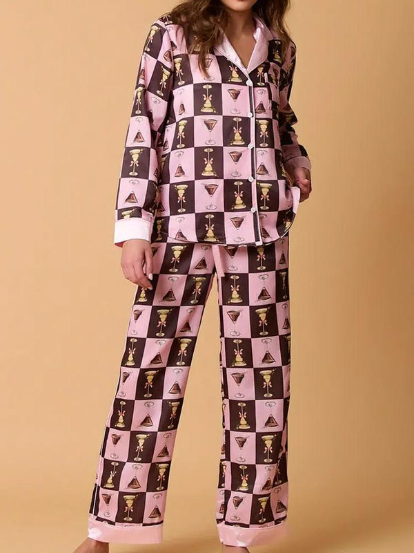 Ekose Şarap Kadehi Desenli Pijama Takımı Uzun Kollu Gömlek