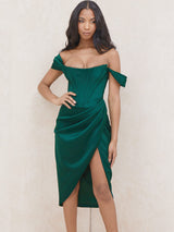 Kap Omuz Korse Bodycon Midi Elbise - Koyu Yeşil