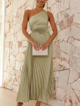 Plise Tek Omuz Kesik Bel Elbisesi