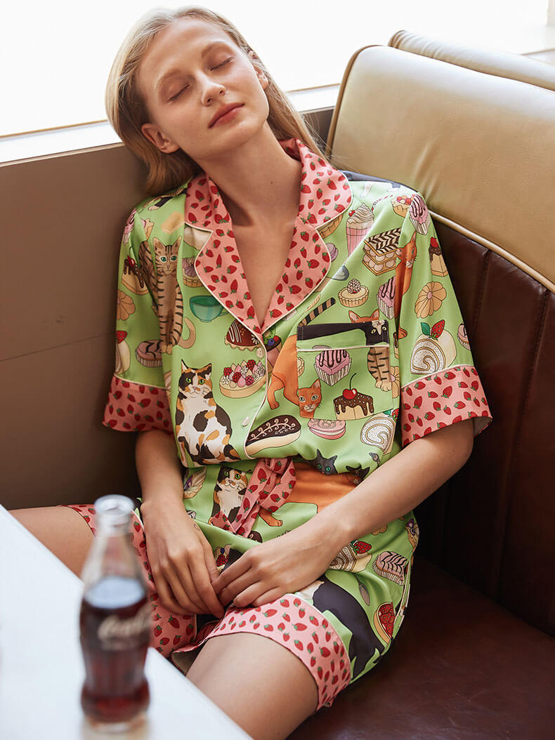 Kahve Kedi Şort Pijama Takımı