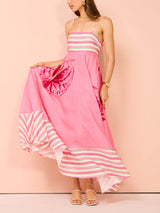 Çiçek Desenli Panelli Çizgili Askılı Mixi Elbise