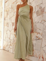 Plise Tek Omuz Kesik Bel Elbisesi