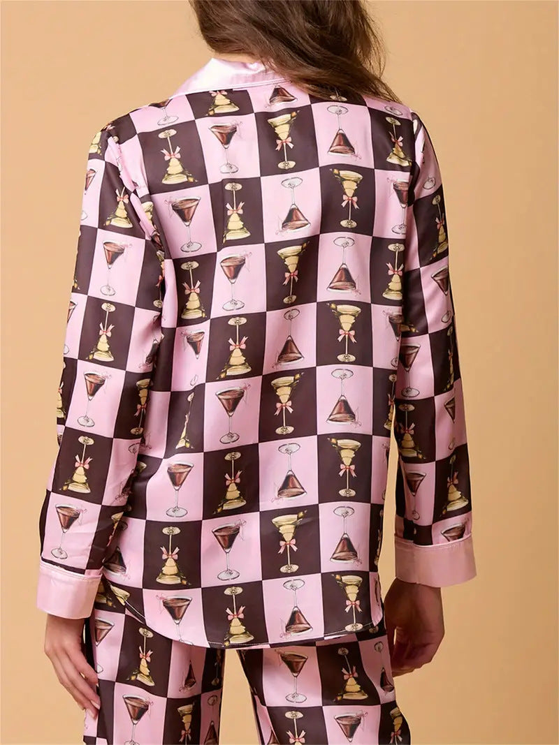 Ekose Şarap Kadehi Desenli Pijama Takımı Uzun Kollu Gömlek