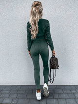 Günlük Günlük Tek Renk Büzme İpli Katlama Balıkçı Yaka Uzun Kollu İki Parça