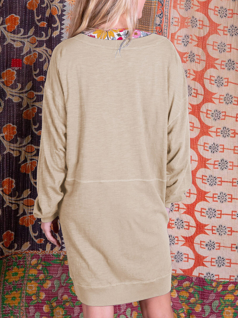 Renk Bloklu V Yaka Gündelik Mini Elbise