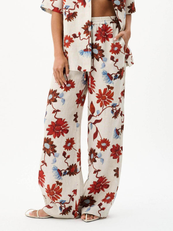 Zarif Çiçek Desenli Bağcıklı Geniş Paça Pantolon