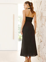 Günlük Düz Renk Kolsuz Sırtı Açık Boyundan Bağlamalı Midi Elbise