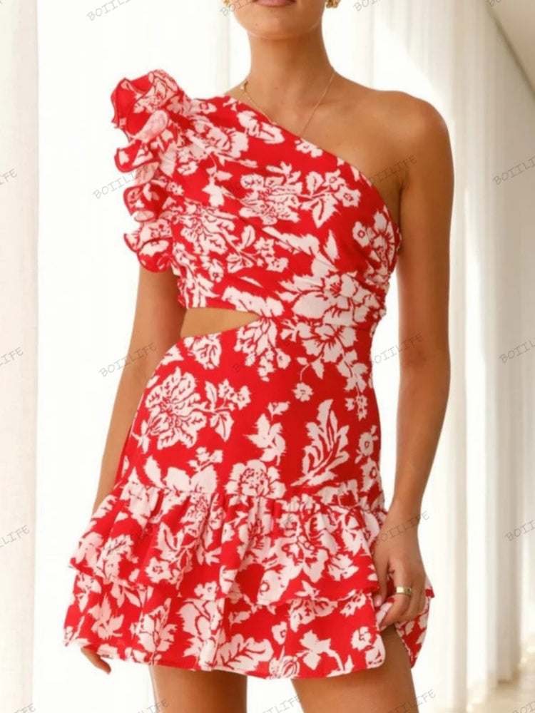 Omuz Açık Volanlı Rahat Mini Elbise