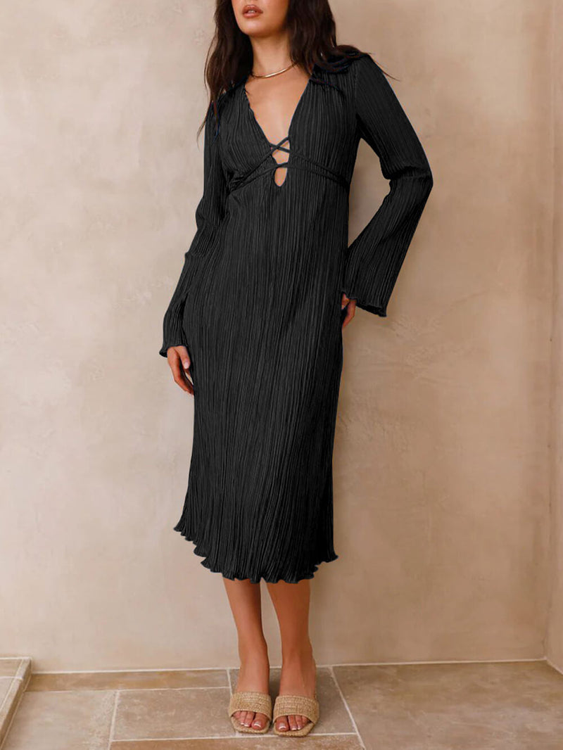 Mountain Vistas Dökümlü Pileli Çan Kol Midi Elbise