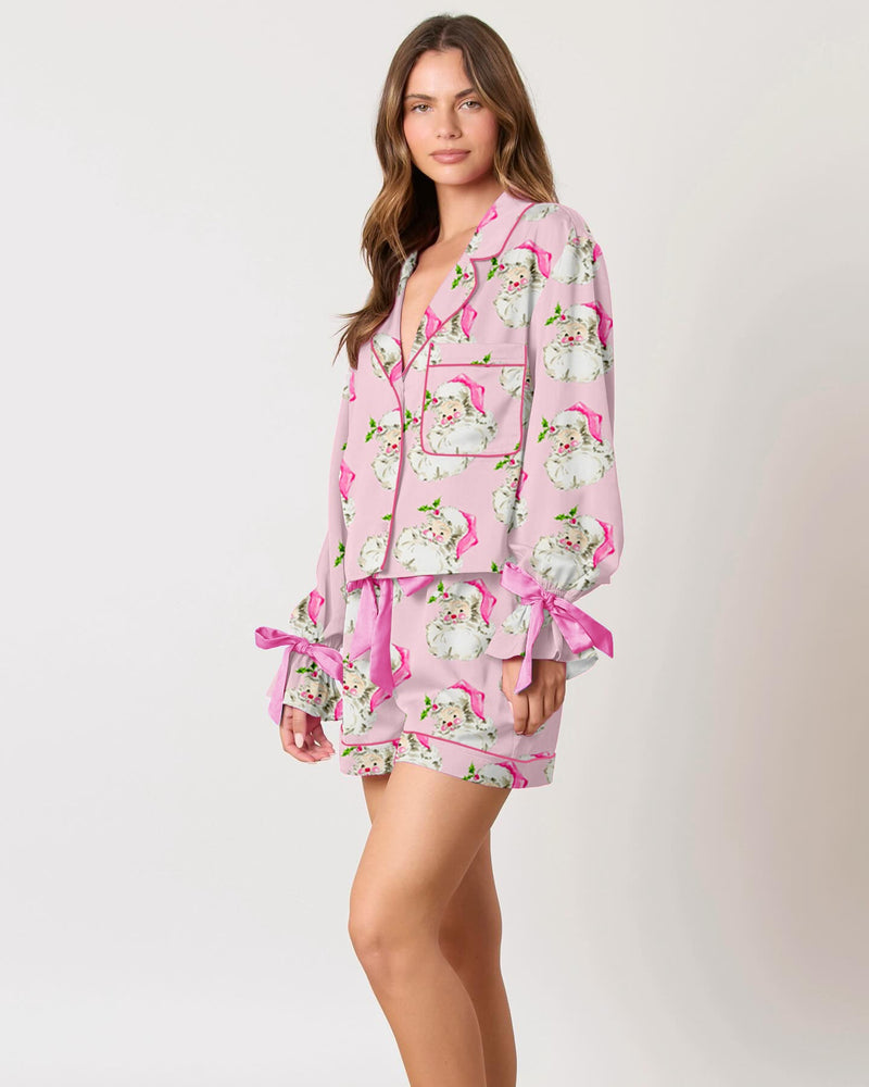 Pembe Baskılı Sevimli Noel Baba Yüzü Baskılı Pijama Takımı