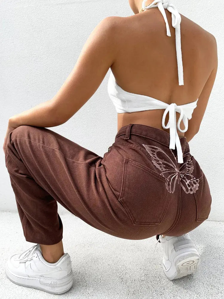 Yüksek Bel Desenli Kot Pantolon