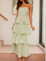 Şık Askısız Sırt Dekolteli Katmanlı Midi Elbise