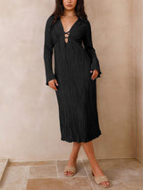 Mountain Vistas Dökümlü Pileli Çan Kol Midi Elbise