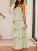 Şık Askısız Sırt Dekolteli Katmanlı Midi Elbise