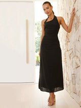 Günlük Düz Renk Kolsuz Sırtı Açık Boyundan Bağlamalı Midi Elbise