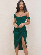 Kap Omuz Korse Bodycon Midi Elbise - Koyu Yeşil