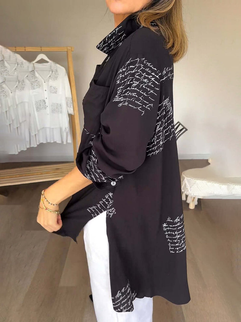 Basit Mektup Baskı Yüksek-Düşük Gevşek Gömlek