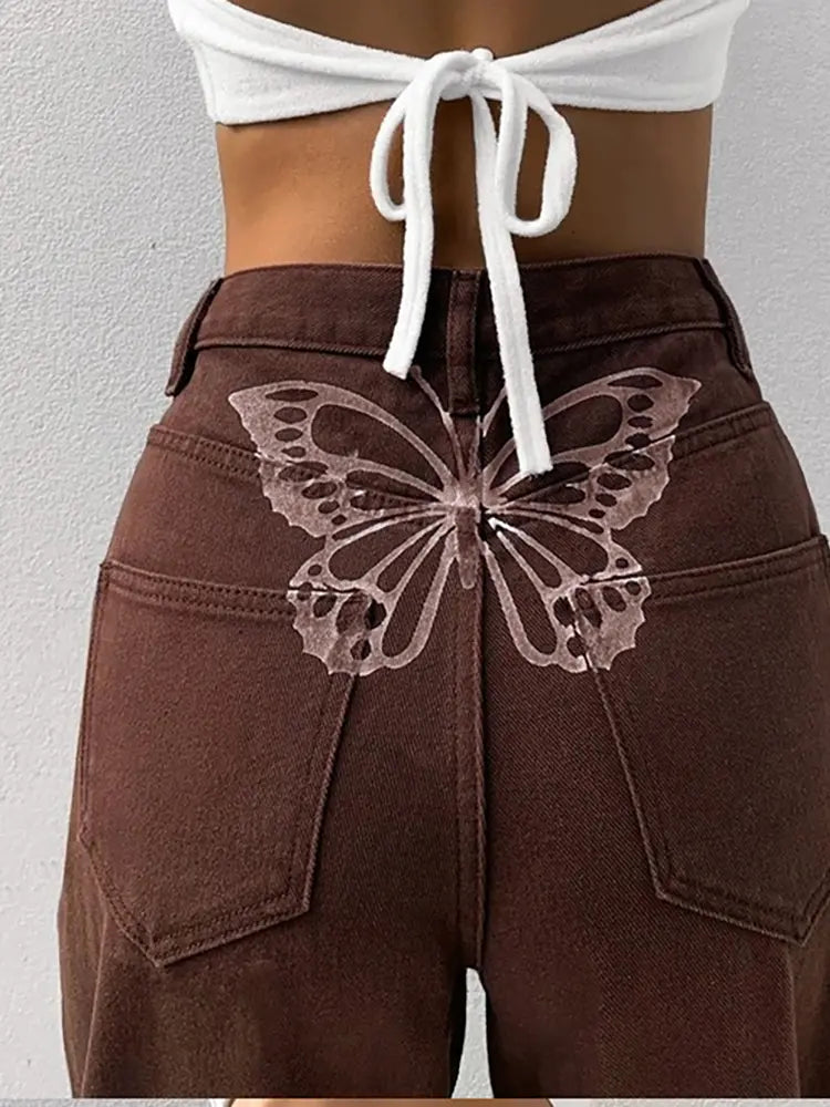 Yüksek Bel Desenli Kot Pantolon