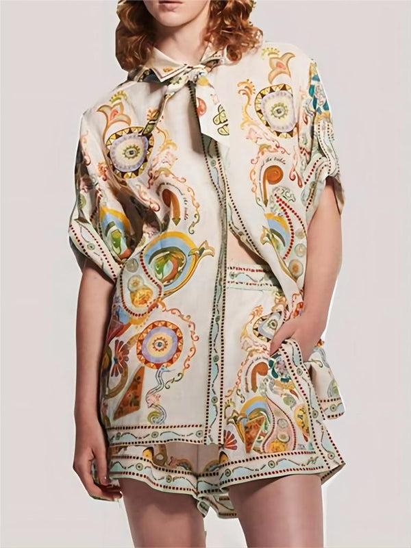 Benzersiz Kaju Çiçek Desenli Bol Şort Takım