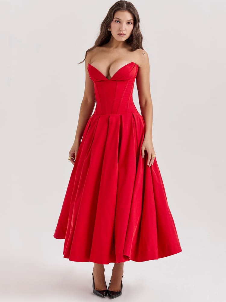 Seksi Düşük Bel Bodycon Midi Elbise - Kırmızı