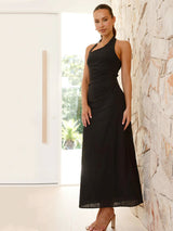 Günlük Düz Renk Kolsuz Sırtı Açık Boyundan Bağlamalı Midi Elbise