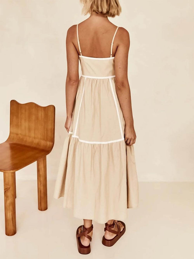Kontrast Renkli Şeritli Ayarlanabilir Askılı Midi Elbise