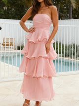 Şık Askısız Sırt Dekolteli Katmanlı Midi Elbise