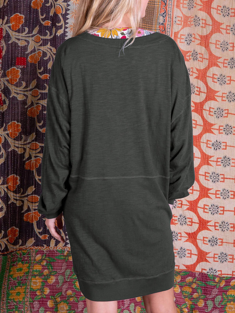 Renk Bloklu V Yaka Gündelik Mini Elbise