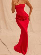 Kırmızı Askısız Korse Maxi Elbise