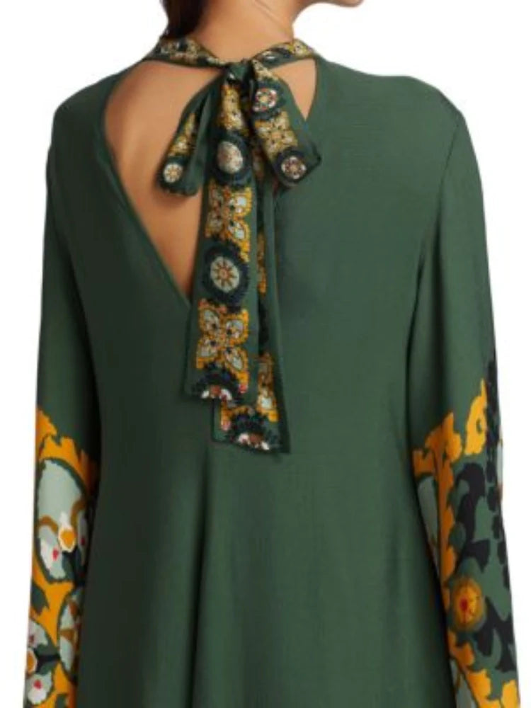 Koyu Yeşil Baskılı Uzun Elbise