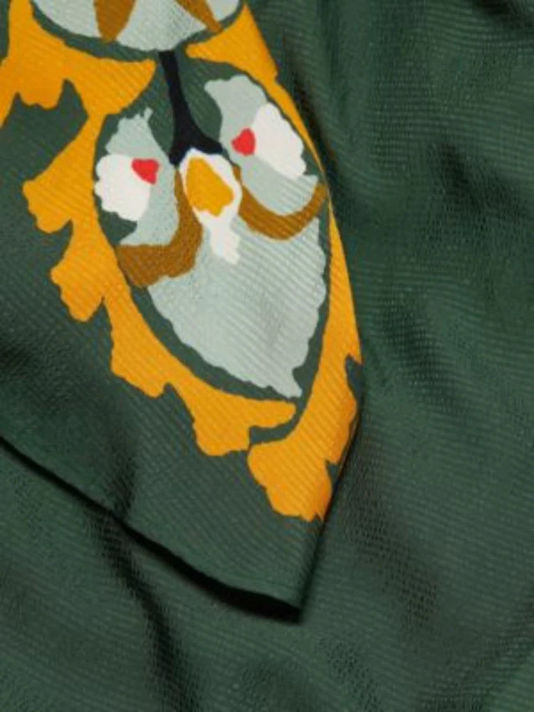 Koyu Yeşil Baskılı Uzun Elbise