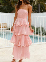 Şık Askısız Sırt Dekolteli Katmanlı Midi Elbise