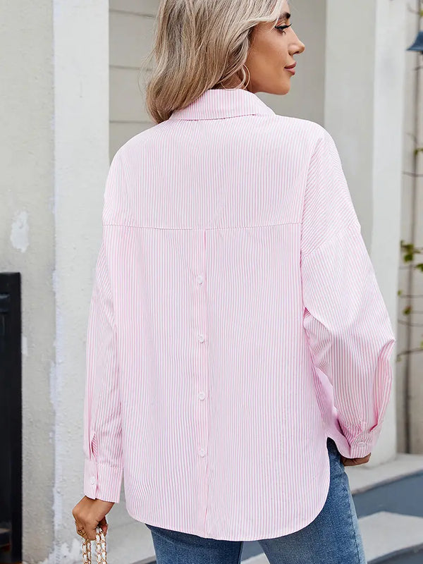 Bol Kesim Çizgili Düğmeli Gömlek