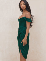 Kap Omuz Korse Bodycon Midi Elbise - Koyu Yeşil