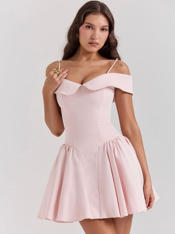 Bale Pembesi Düşük Omuzlu Spagetti Askılı Mini Elbise