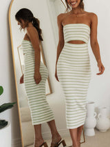Şeritli Kaburgalı Midi Tüp Elbise