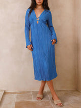 Mountain Vistas Dökümlü Pileli Çan Kol Midi Elbise