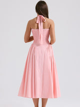 Barbie Pembe Sırt Açık Halter Midi Elbise