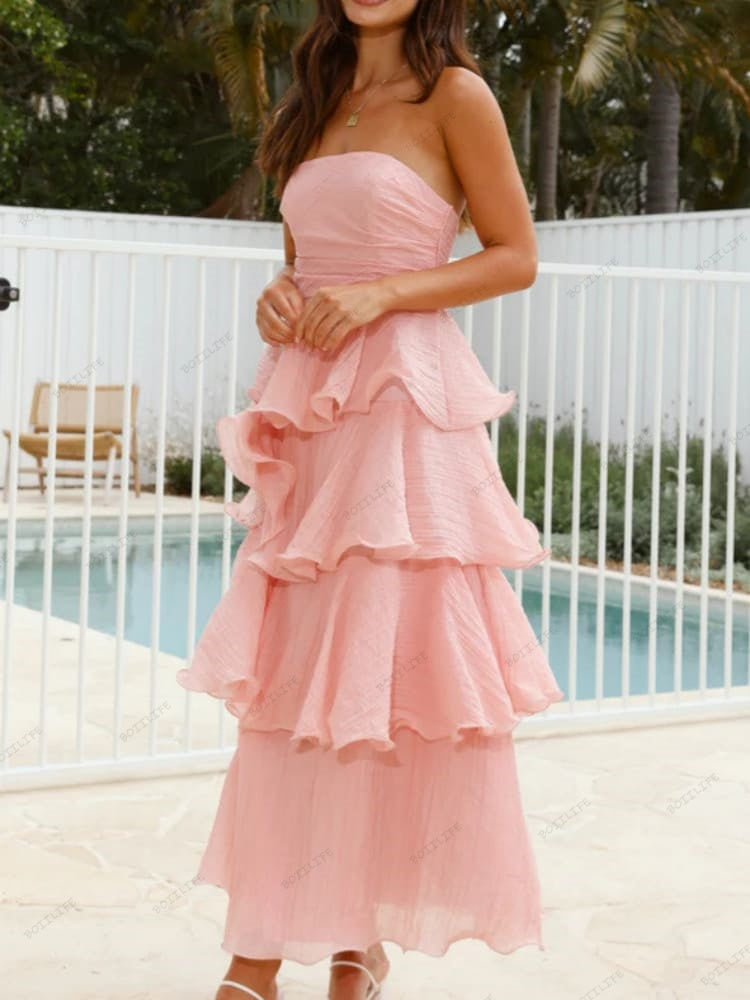 Şık Askısız Sırt Dekolteli Katmanlı Midi Elbise